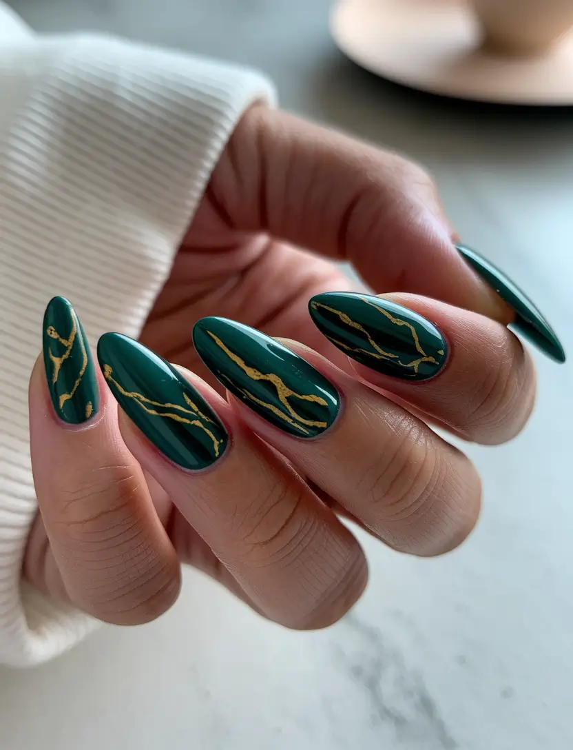 Stylish Autumn Nail Designs 2025 – Emerald Marble with Gold Veins