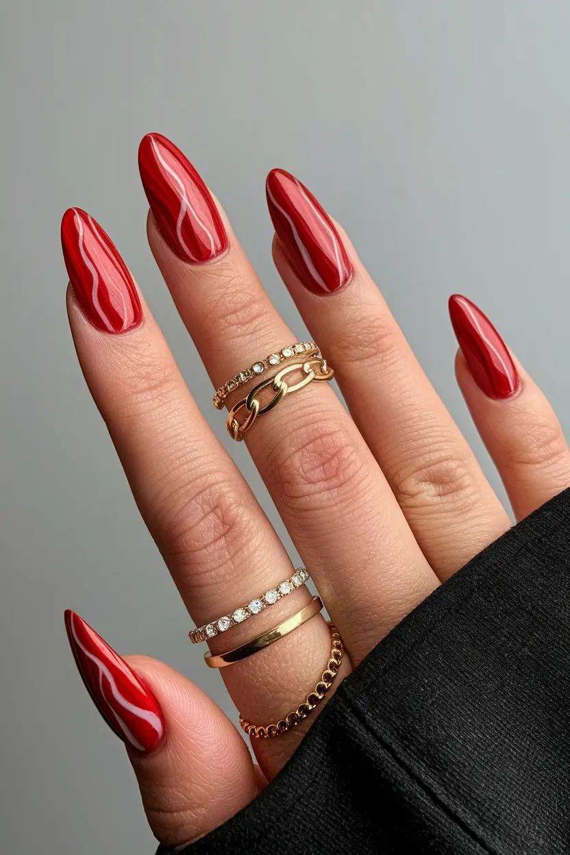 Stylish Autumn Nail Designs 2025 – Vermilion Glass with Subtle Waves