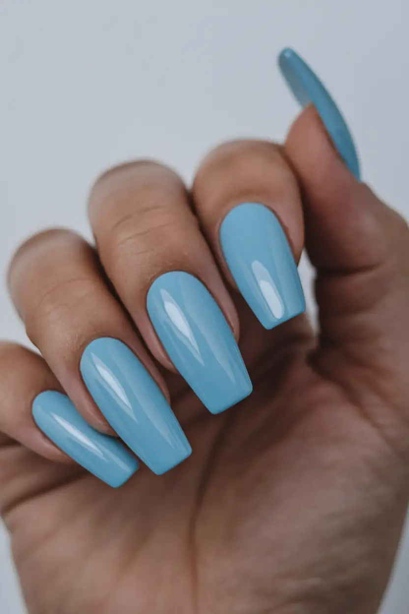 Stylish Autumn Nail Designs 2025 – Cloud-Blue Coffin Gloss