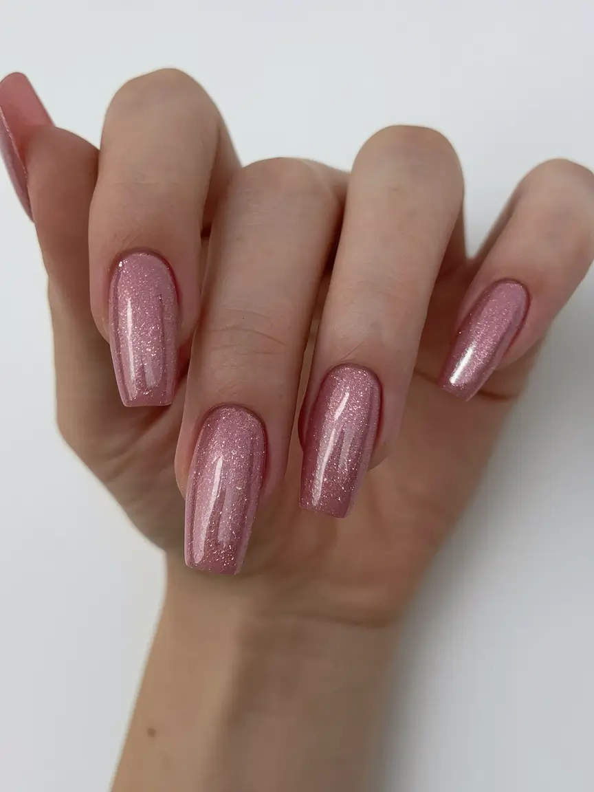 Stylish Autumn Nail Designs 2025 – Rosy Sparkle: Pink Shimmer Square