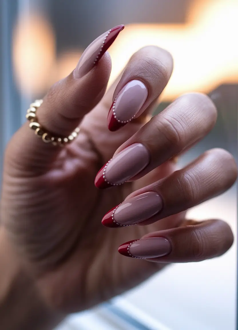 Stylish Autumn Nail Designs 2025 – Crimson Micro-French on Nude Almond
