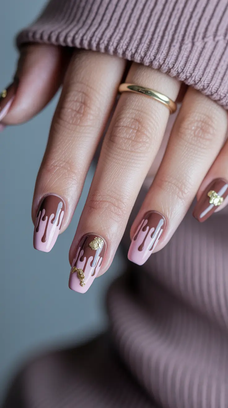 Stylish Autumn Nail Designs 2025 – Mocha–Blush Drips with Gold Flakes