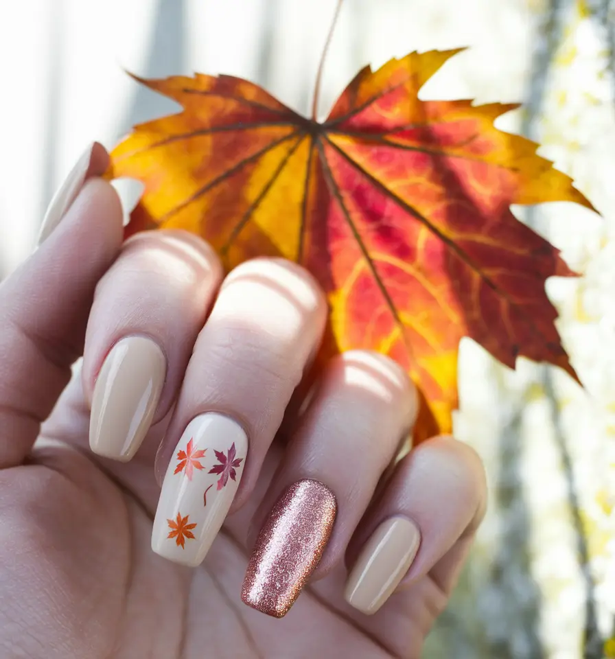 Stylish Autumn Nail Designs 2025 – Maple-Leaf Accent with Rose-Gold Sparkle