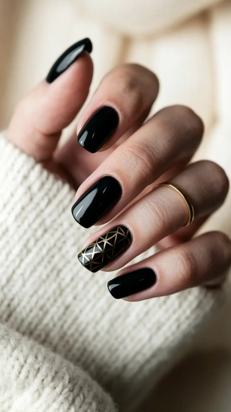 Stylish Black Fall Nails 2025 Golden Geometry Accent