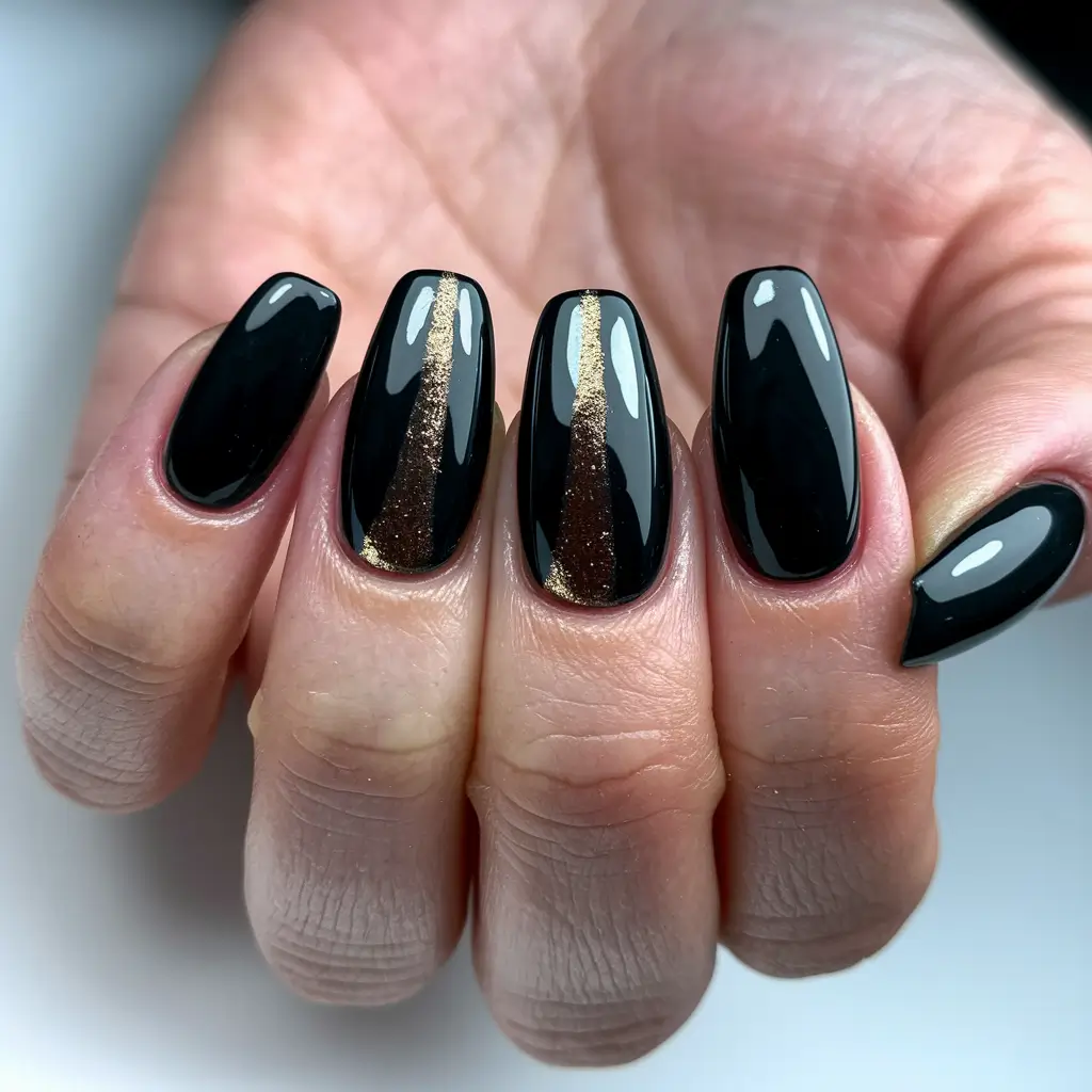 Stylish Black Fall Nails 2025 Golden Flame Detail