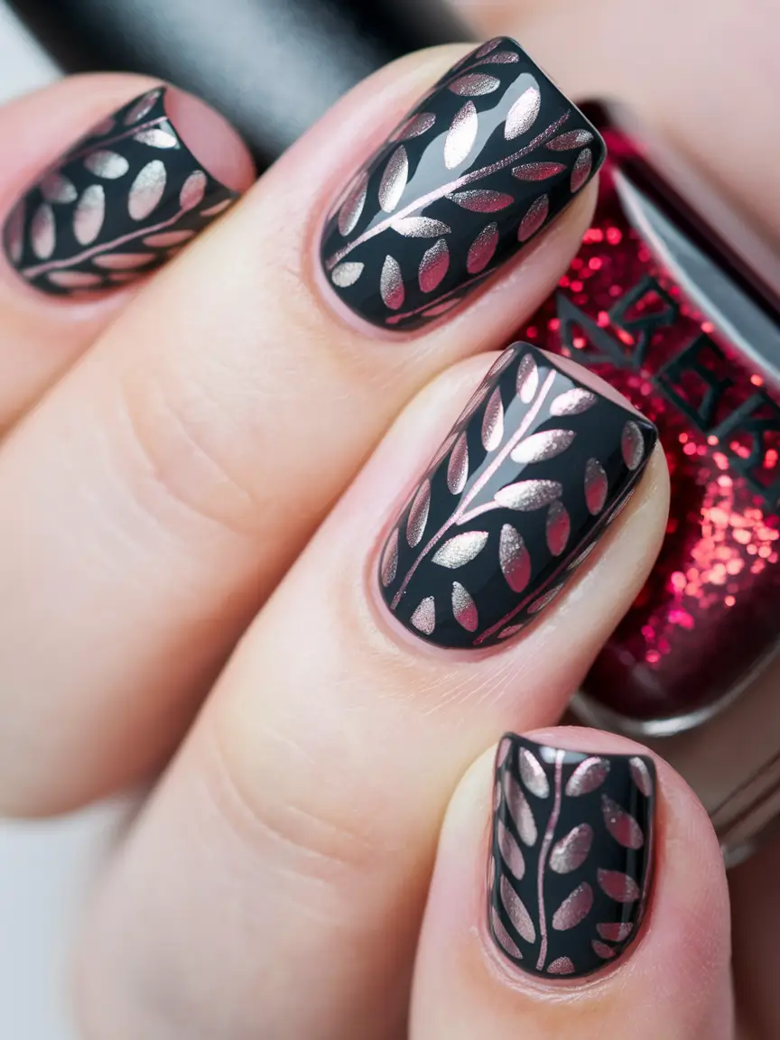 Stylish Black Fall Nails 2025 Rose Gold Leaf Patterns