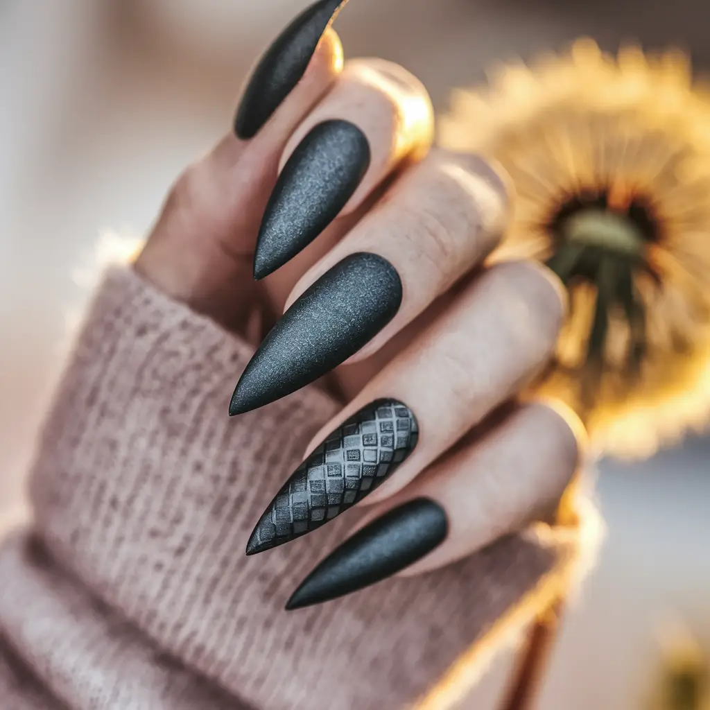 Stylish Black Fall Nails 2025 Matte Stiletto Texture