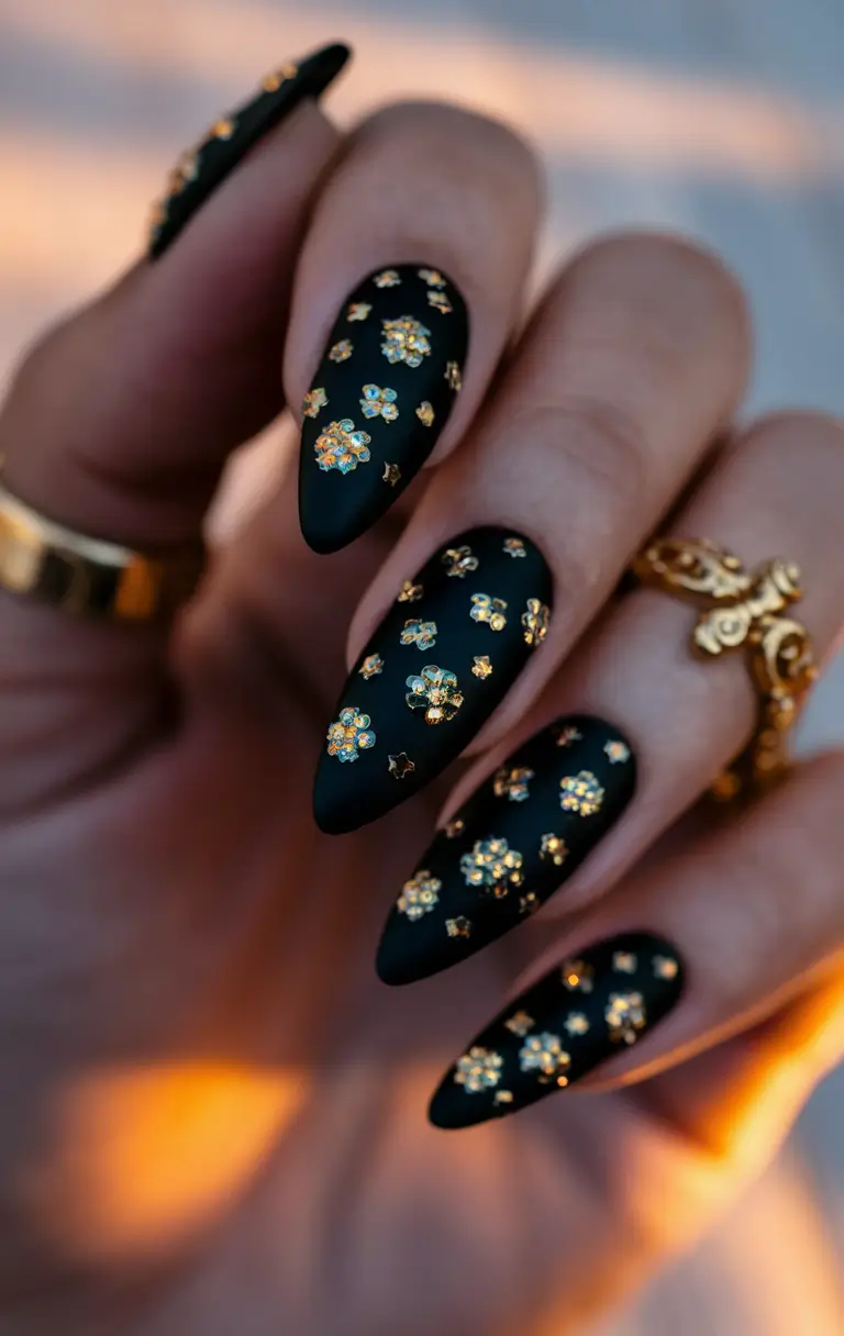 Stylish Black Fall Nails 2025 Golden Floral Studs