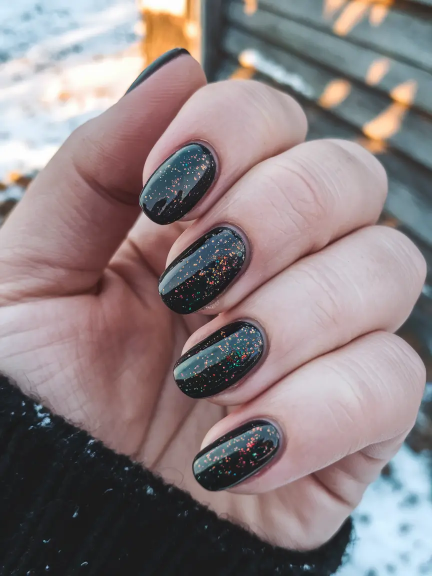 Stylish Black Fall Nails 2025 Subtle Glitter Spark