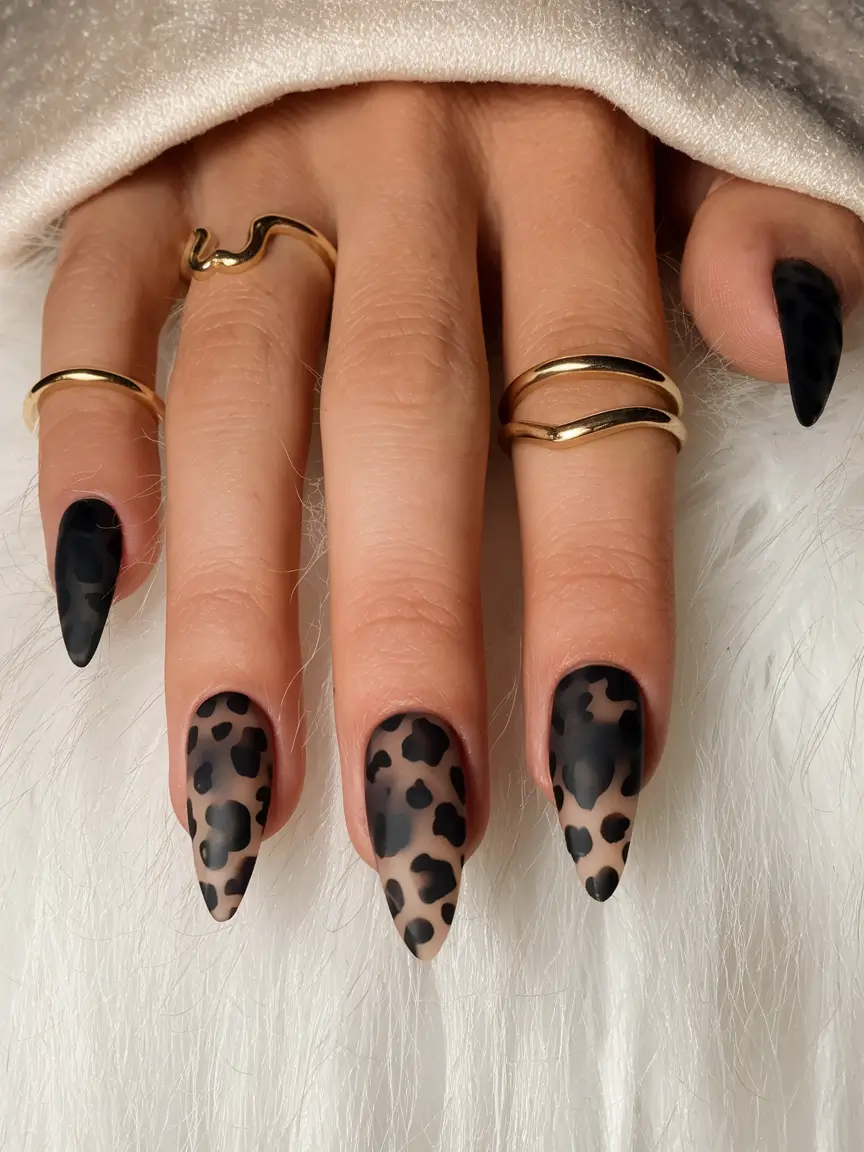 Stylish Black Fall Nails 2025 Matte Leopard Drama
