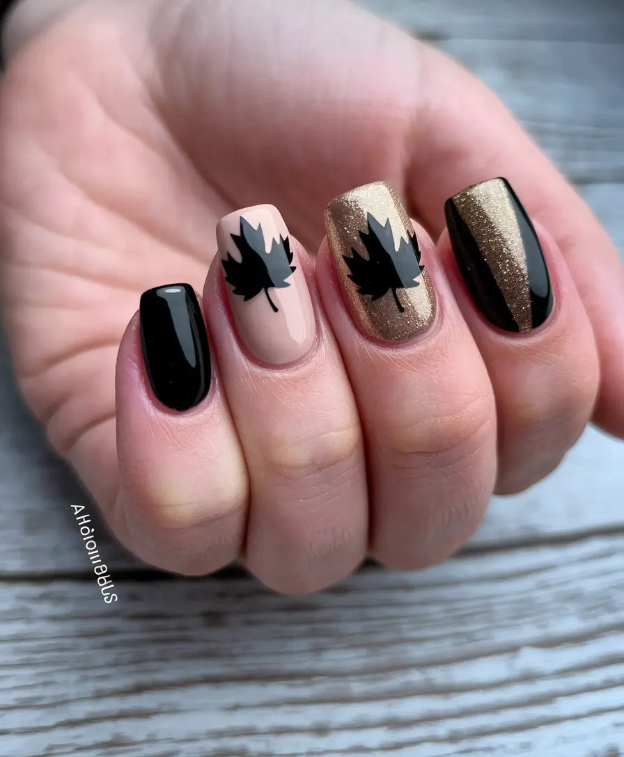 Stylish Black Fall Nails 2025 Fall Leaf Accents