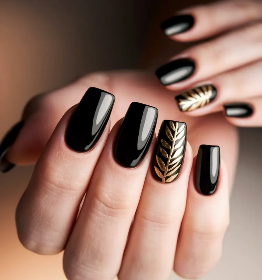 Stylish Black Fall Nails 2025 Gold Leaf Elegance