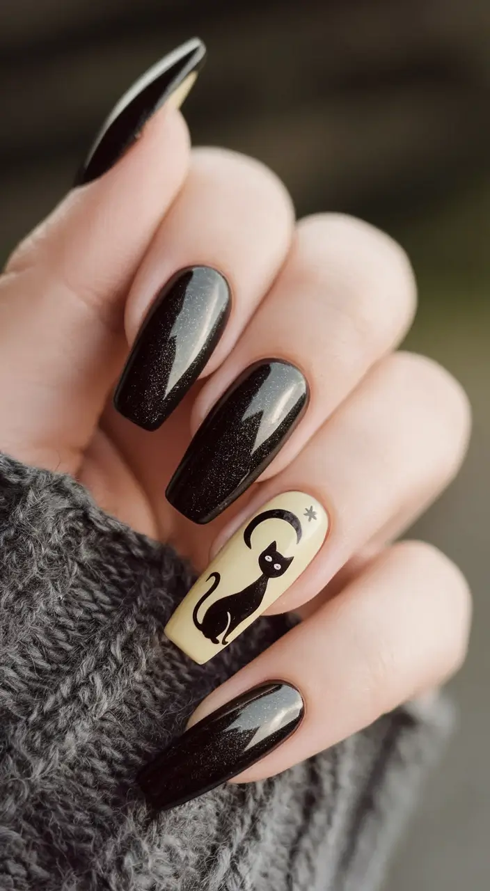 Stylish Black Fall Nails 2025 Playful Cat Detail