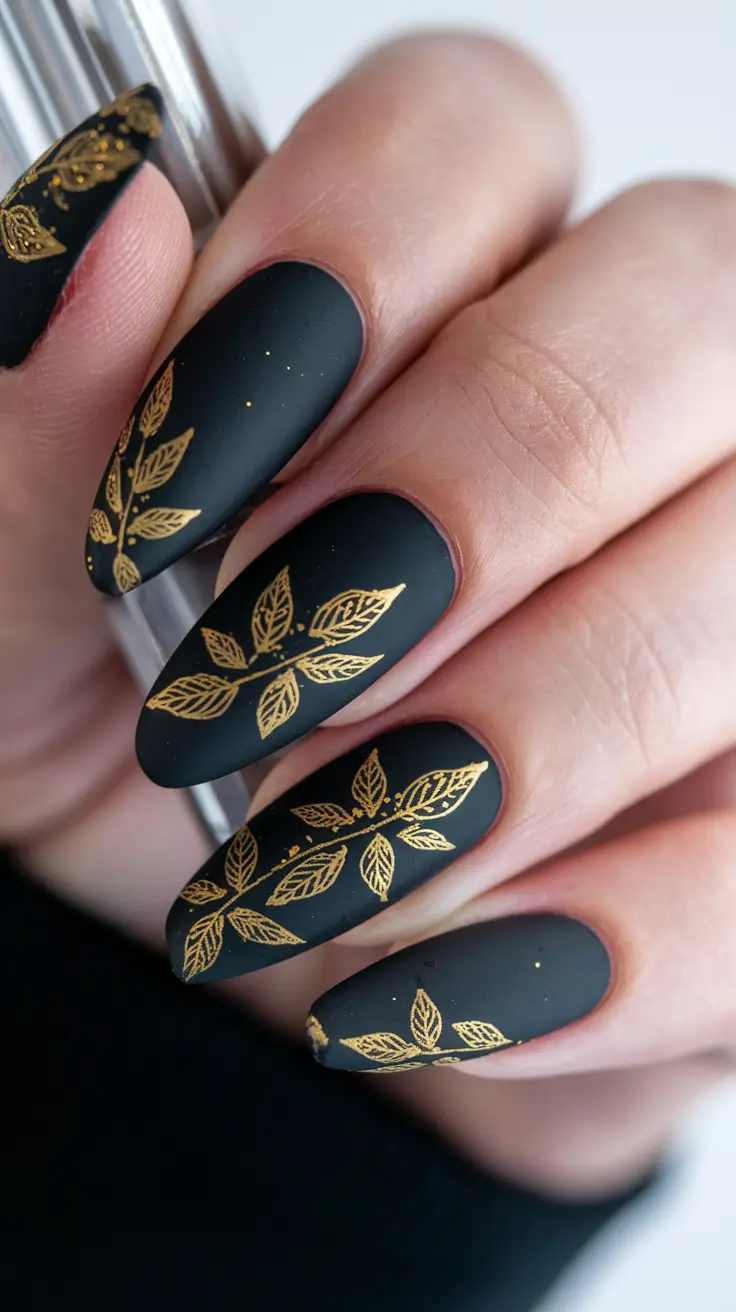 Stylish Black Fall Nails 2025 Golden Leaf Charms