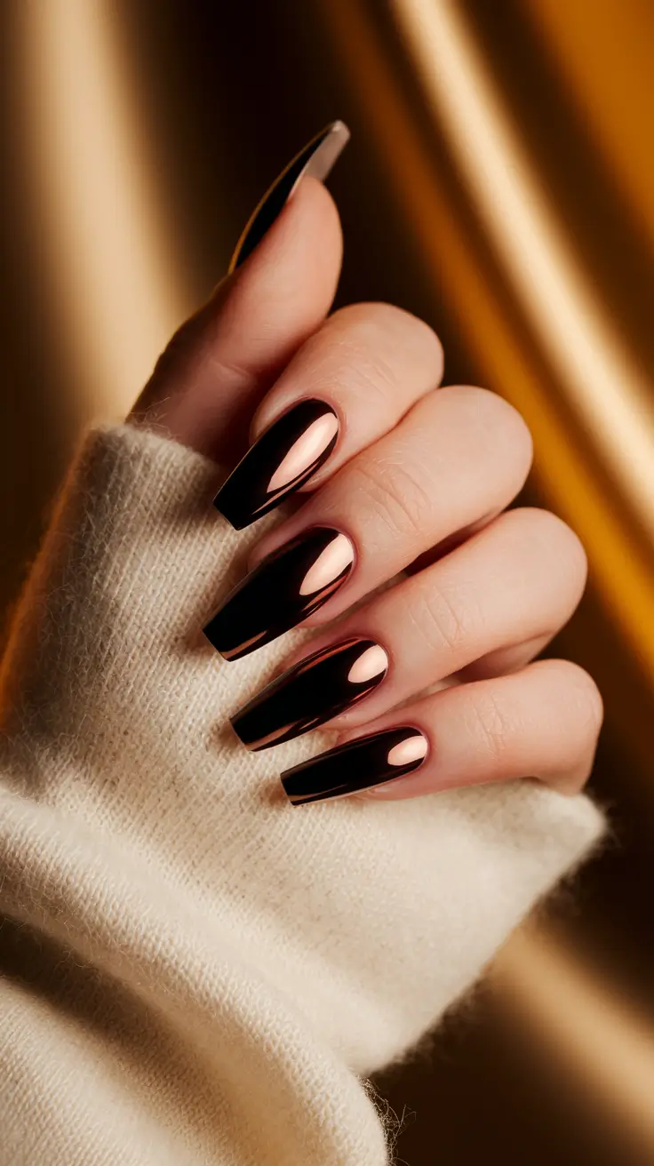 dark fall nails 2025 Glossy Copper Chrome Elegance