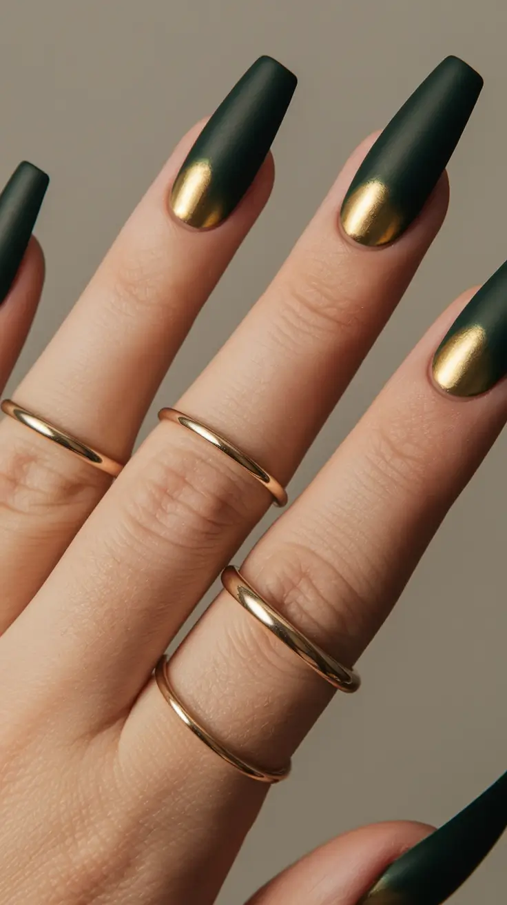 dark fall nails 2025 Velvet Green with Golden Cuticles