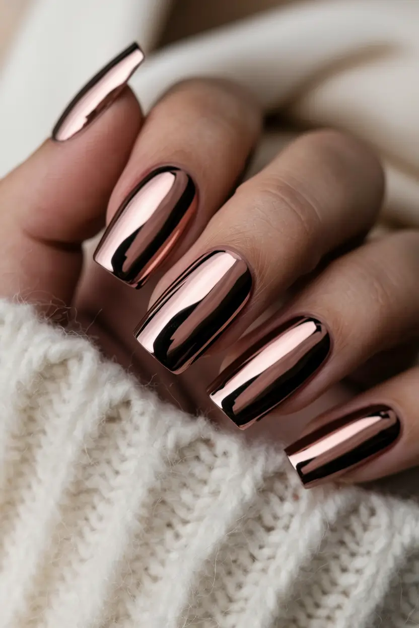 dark fall nails 2025 Rose Gold Mirror Chrome