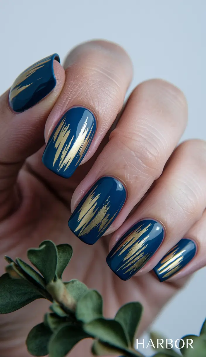 dark fall nails 2025 Midnight Blue with Golden Strokes