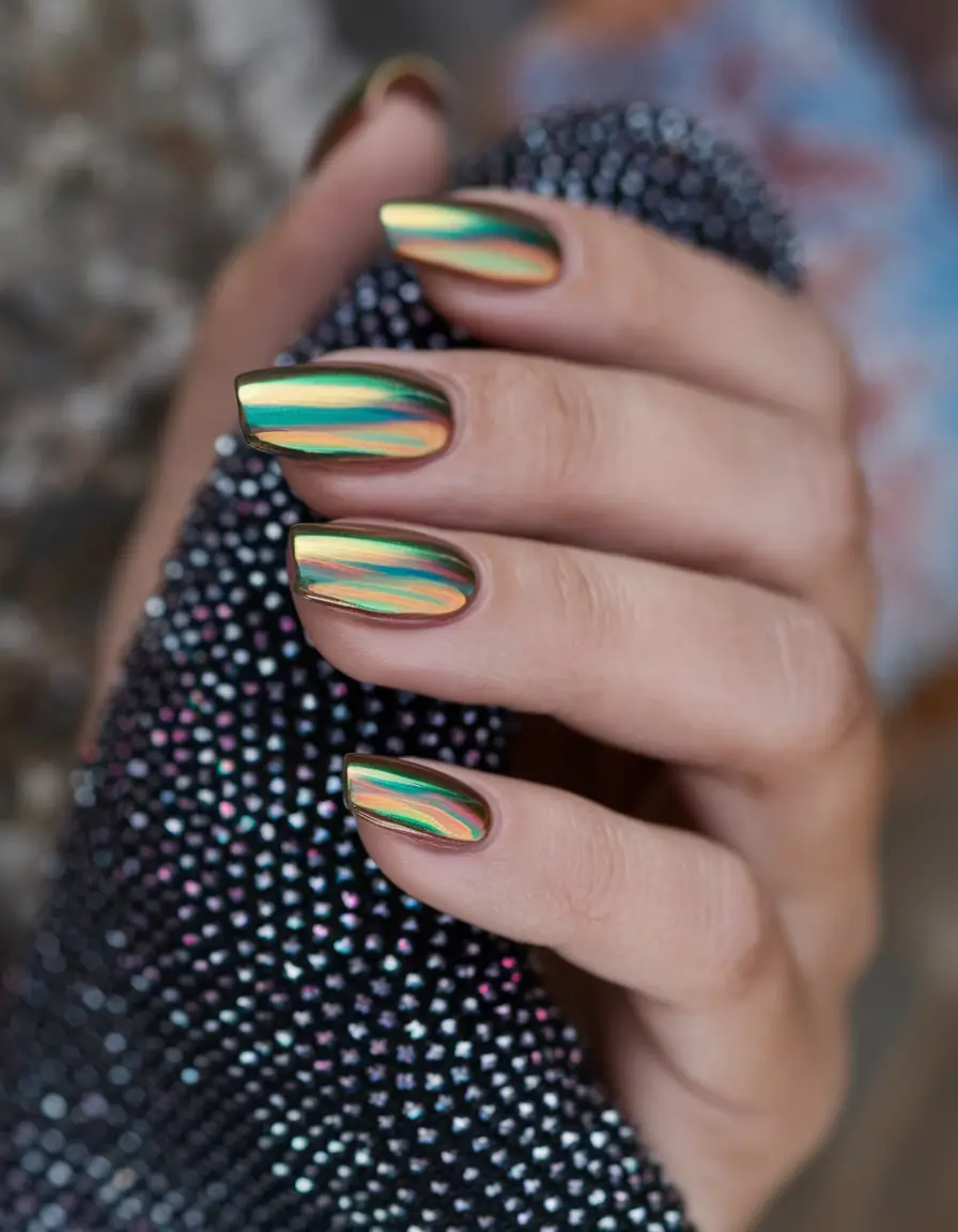 Stylish Early Fall Nail Ideas 2025 – Aurora Chrome Ribbons on Soft Square