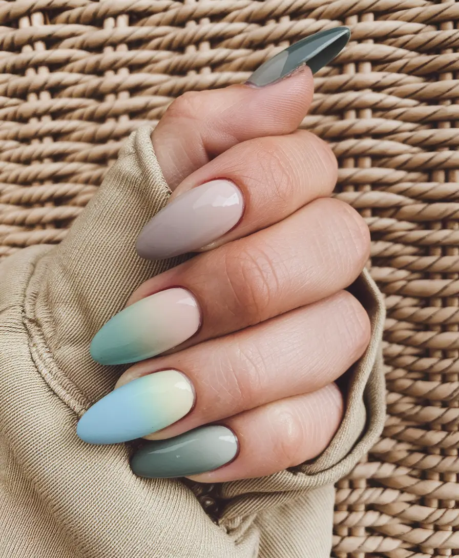 Stylish Early Fall Nail Ideas 2025 – Foggy Meadow Ombre on Almond