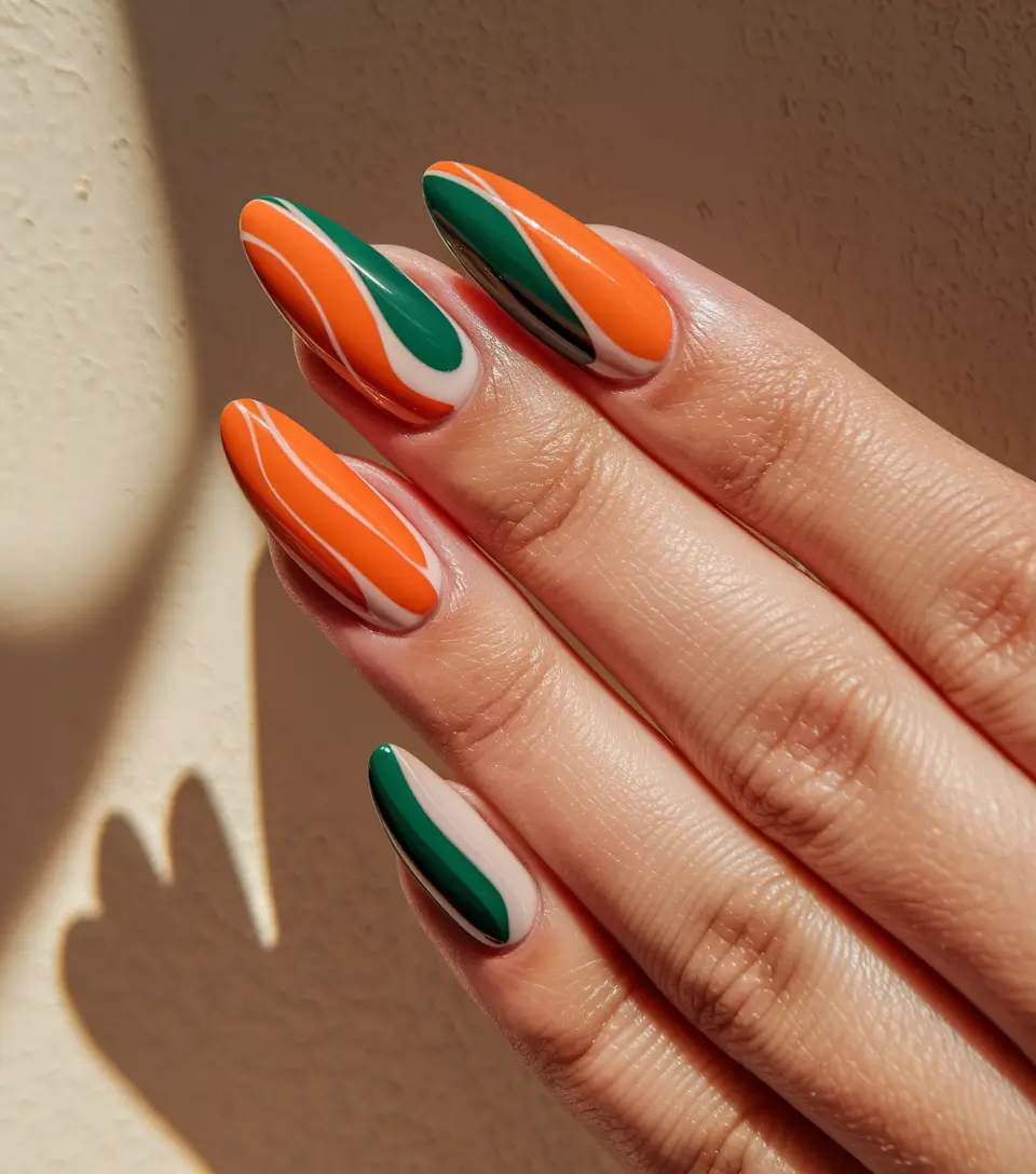 Stylish Early Fall Nail Ideas 2025 – Clementine & Forest Racing Waves