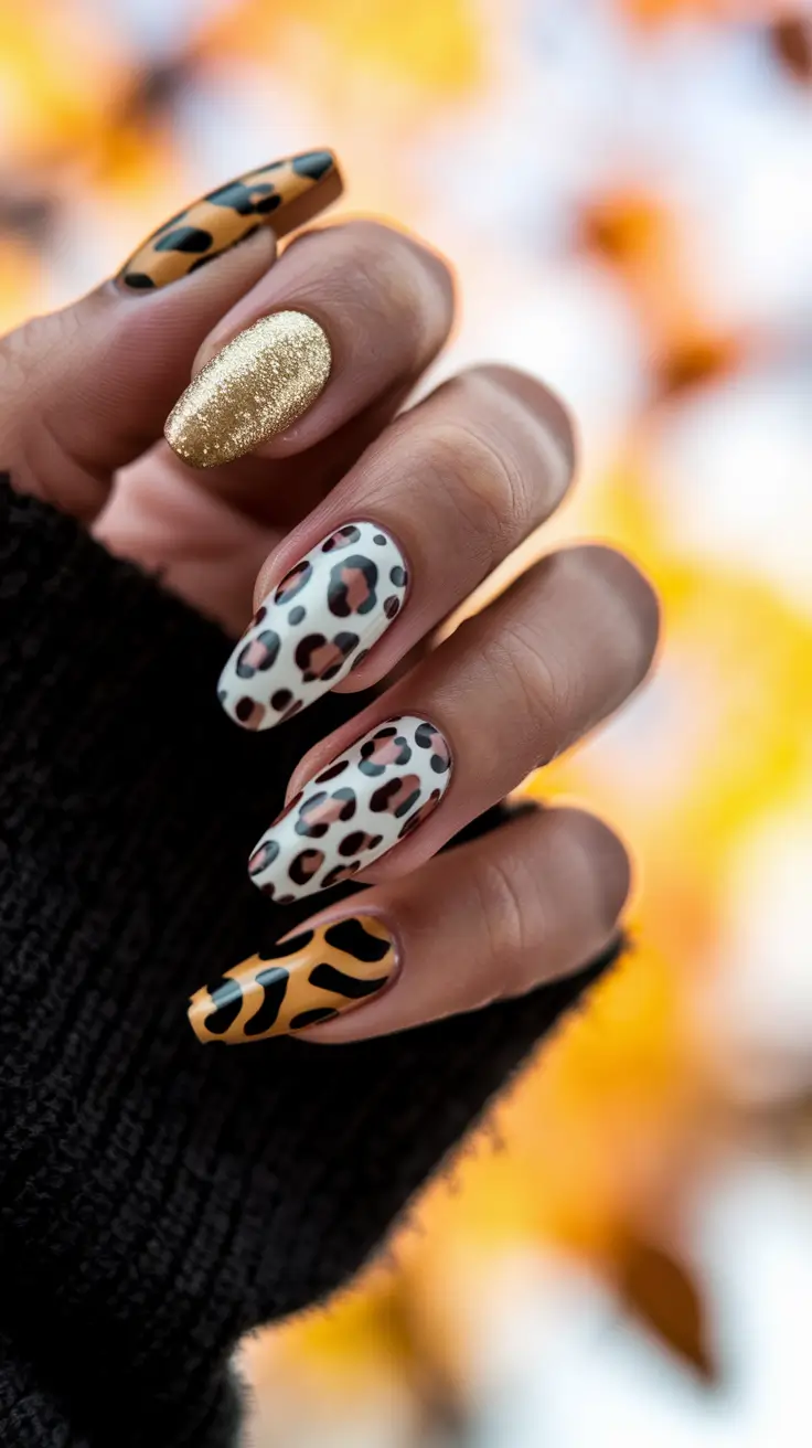 Stylish Early Fall Nail Ideas 2025 – Leopard Mix with Molten Gold Accent