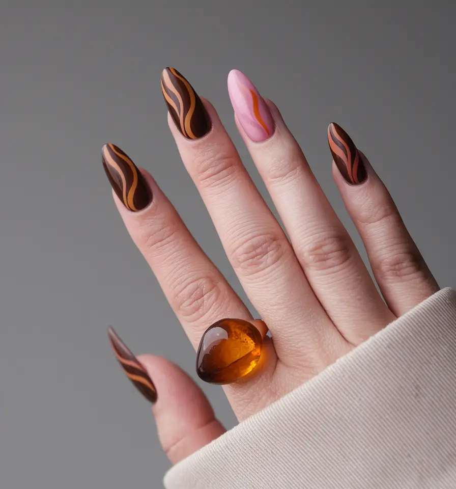 Stylish Early Fall Nail Ideas 2025 – Mocha Swirl with Pink Citrus Accent