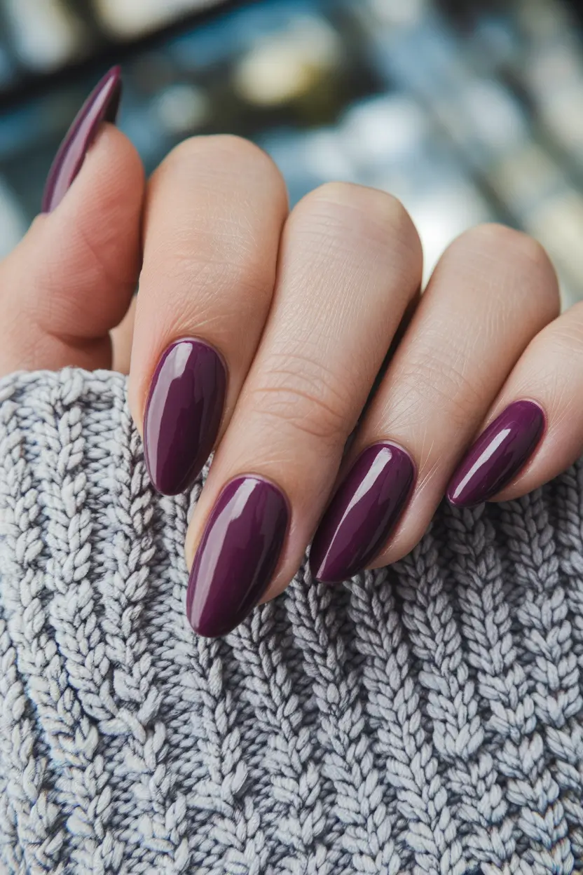 Stylish Early Fall Nail Ideas 2025 – Plum Syrup Shine on Almond
