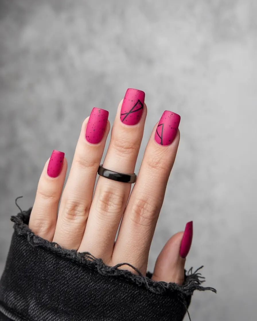Stylish Early Fall Nail Ideas 2025 – Magenta Speckle on Short Square