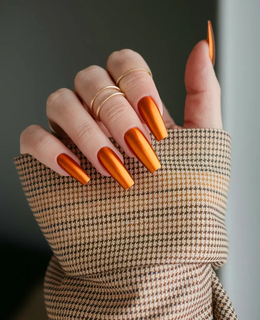 Stylish Early Fall Nail Ideas 2025 – Copper Chrome Coffin—Pumpkin Spice Energy