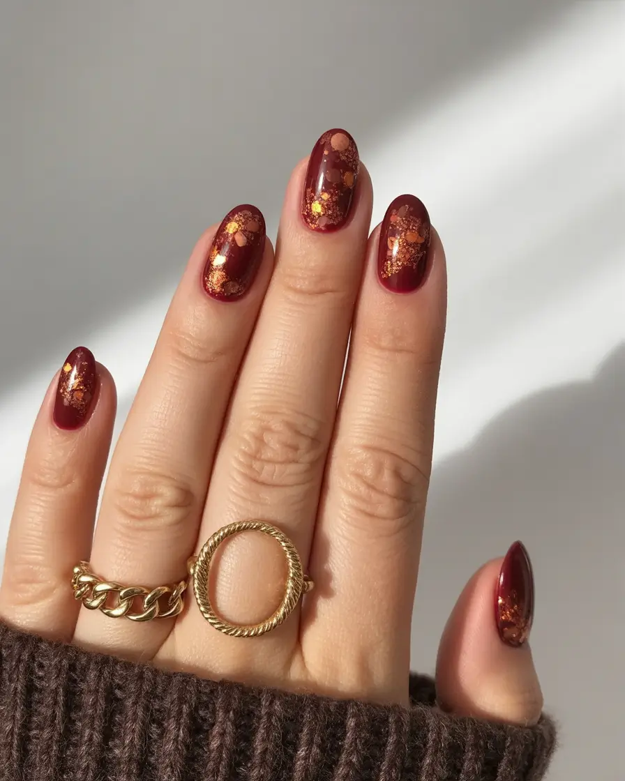 Stylish Early Fall Nail Ideas 2025 – Golden Autumn Spark on Deep Red