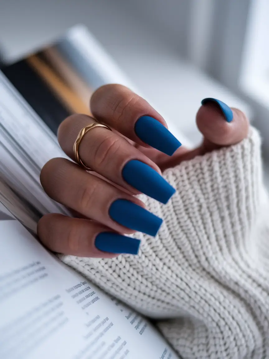 Stylish Early Fall Nail Ideas 2025 – Velvet Denim Matte on Clean Square