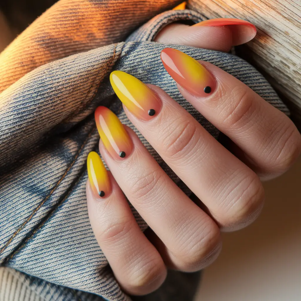 Stylish Early Fall Nail Ideas 2025 – Cider-Glow Ombre Almond with Minimal Dot