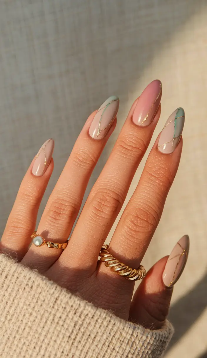 Stylish Early Fall Nail Ideas 2025 – Neutral Lattice with Sage & Rose Threads