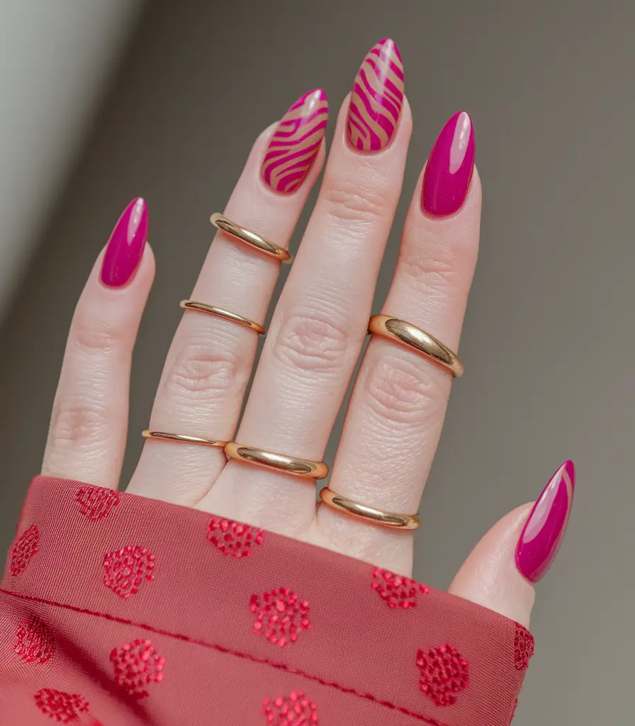 Stylish Early Fall Nail Ideas 2025 – Raspberry Zebra Almond with Negative Space