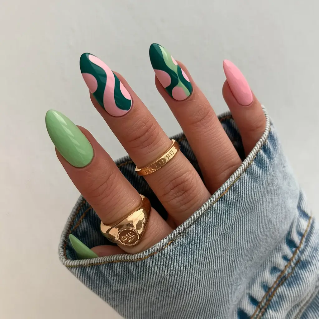 Stylish Early Fall Nail Ideas 2025 – Mint and Rose Abstract Waves on Almond