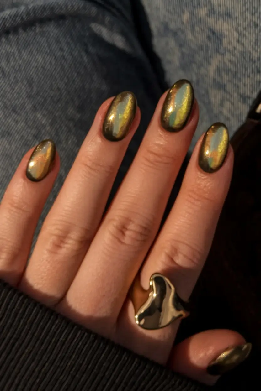 fall cat eye nails 2025 Golden Mirror Shine