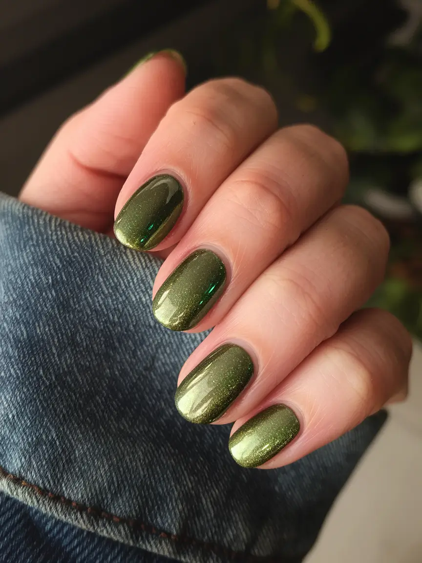 fall cat eye nails 2025 Mossy Green Charm