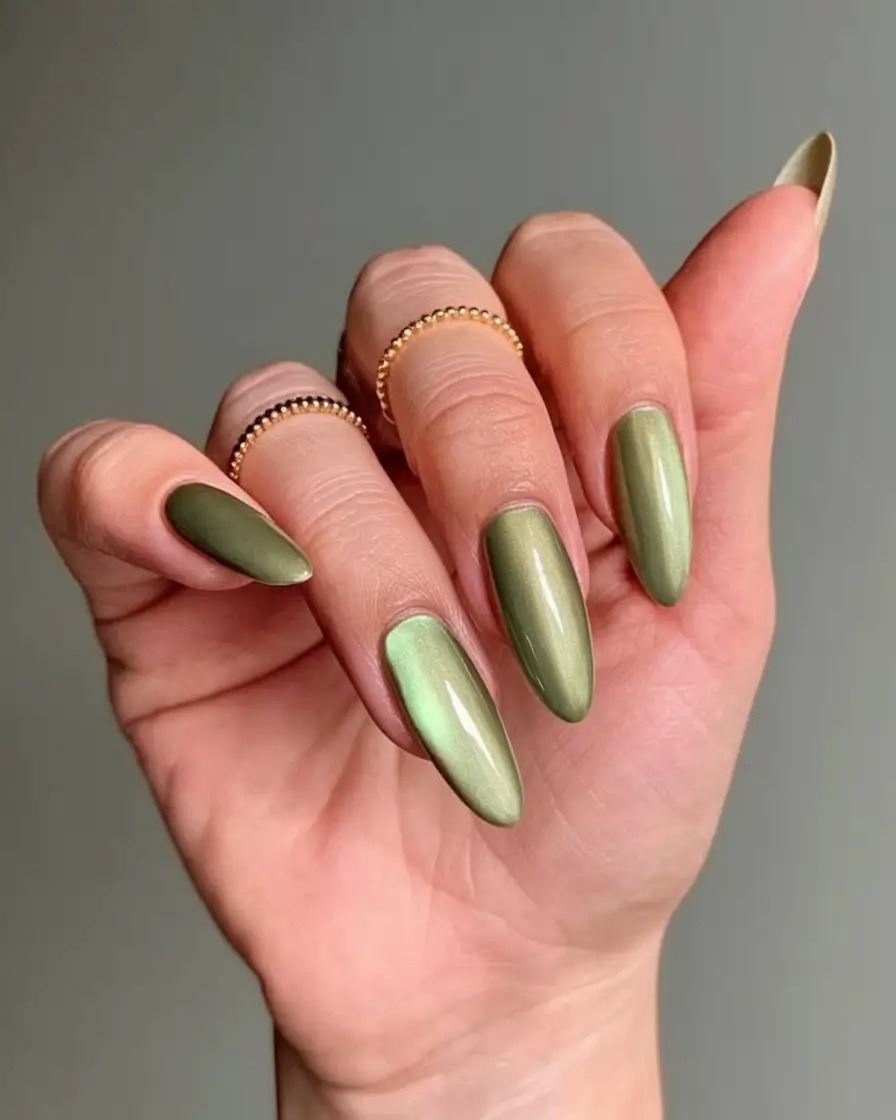 fall cat eye nails 2025 Olive Satin Cat Eye