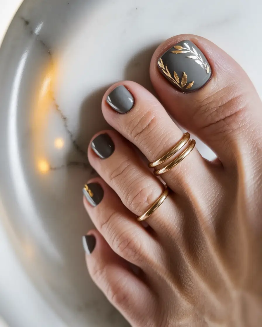 Autumn pedicure green Matte Olive & Gold Leaf Harmony