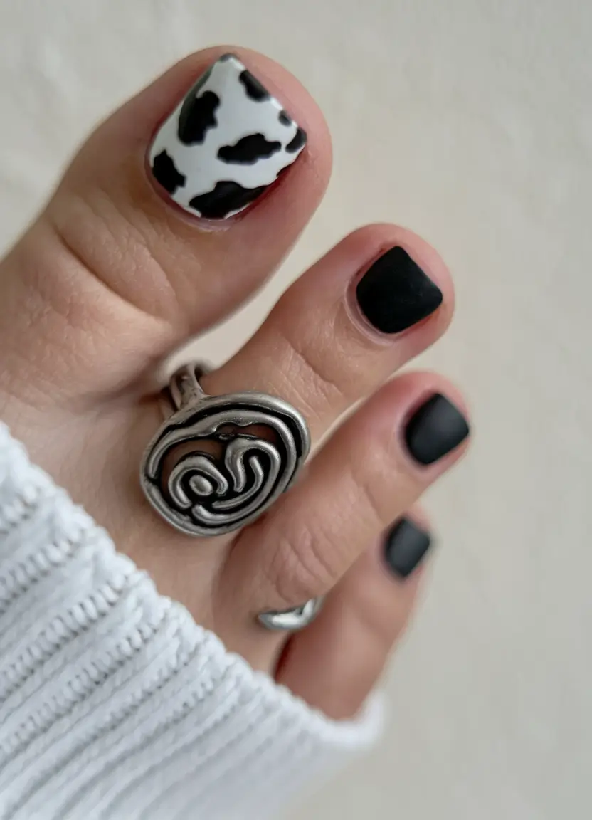 fall toe nail colors 2025 Cow Print Meets Velvet Noir