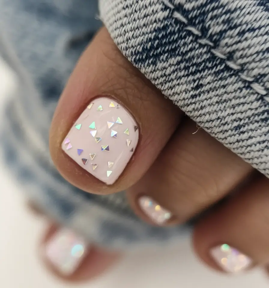 fall toe nail colors 2025 gel Soft Pink With Holographic Sparkle