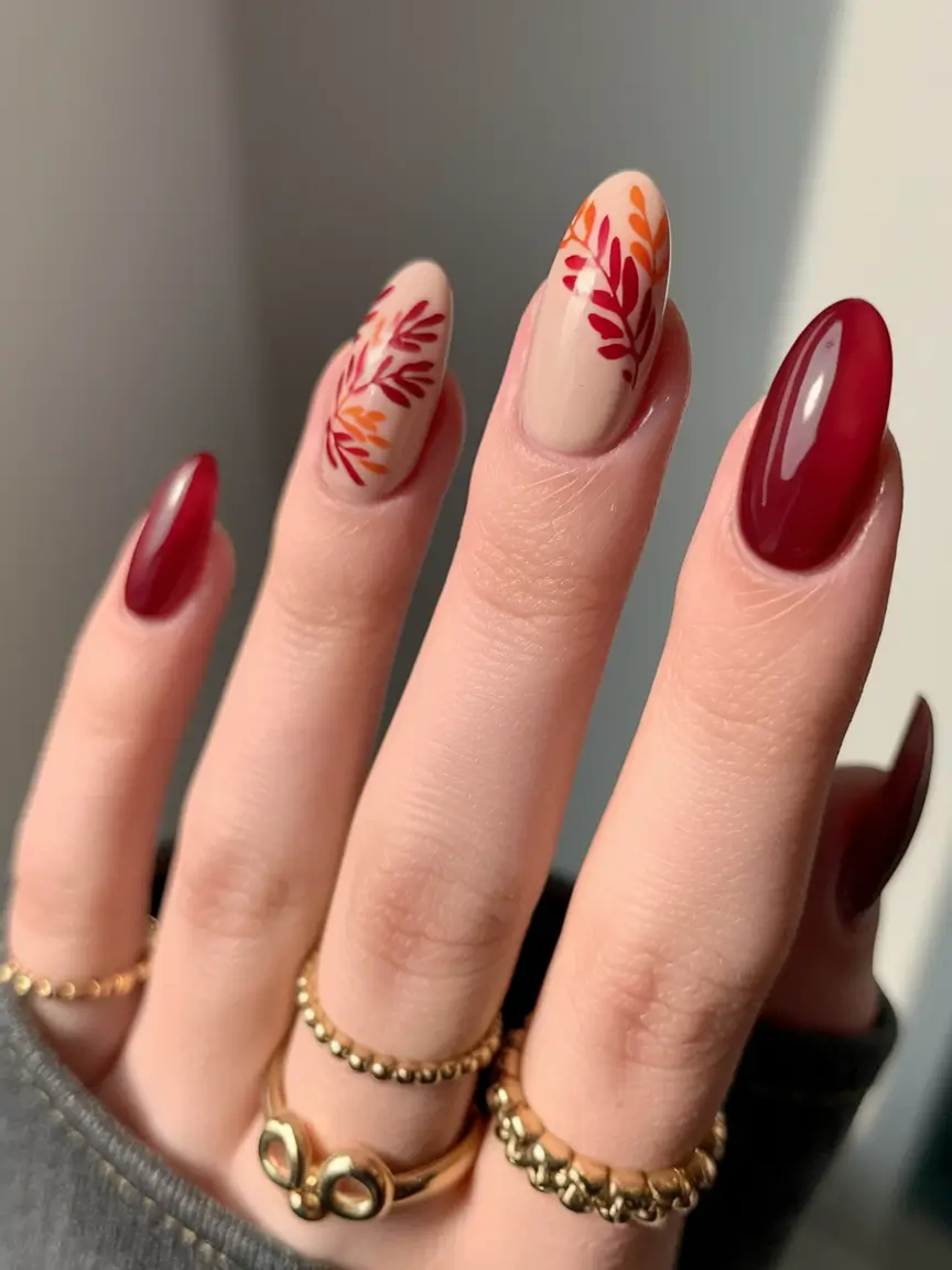 fall leaves nail art 3d Berry Tones with Leafy Details