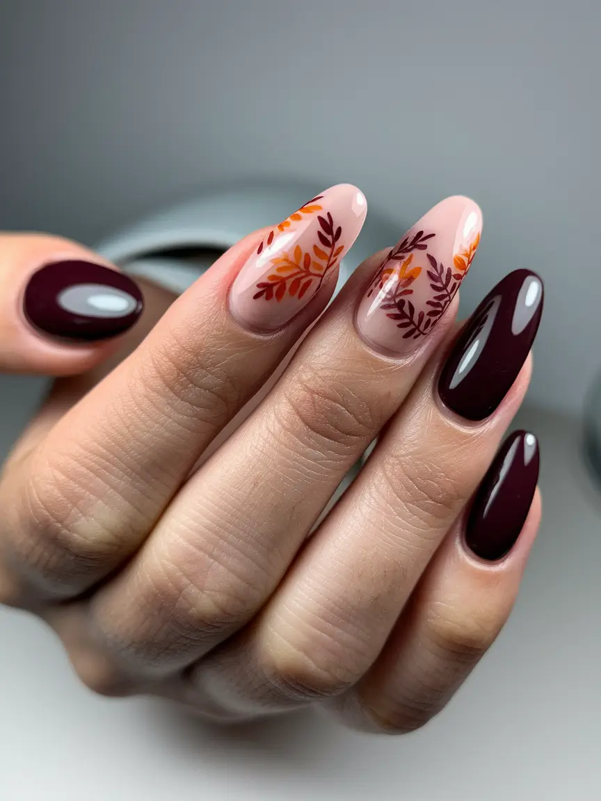 fall leaves nail art 3d Autumn Foliage on Deep Wine