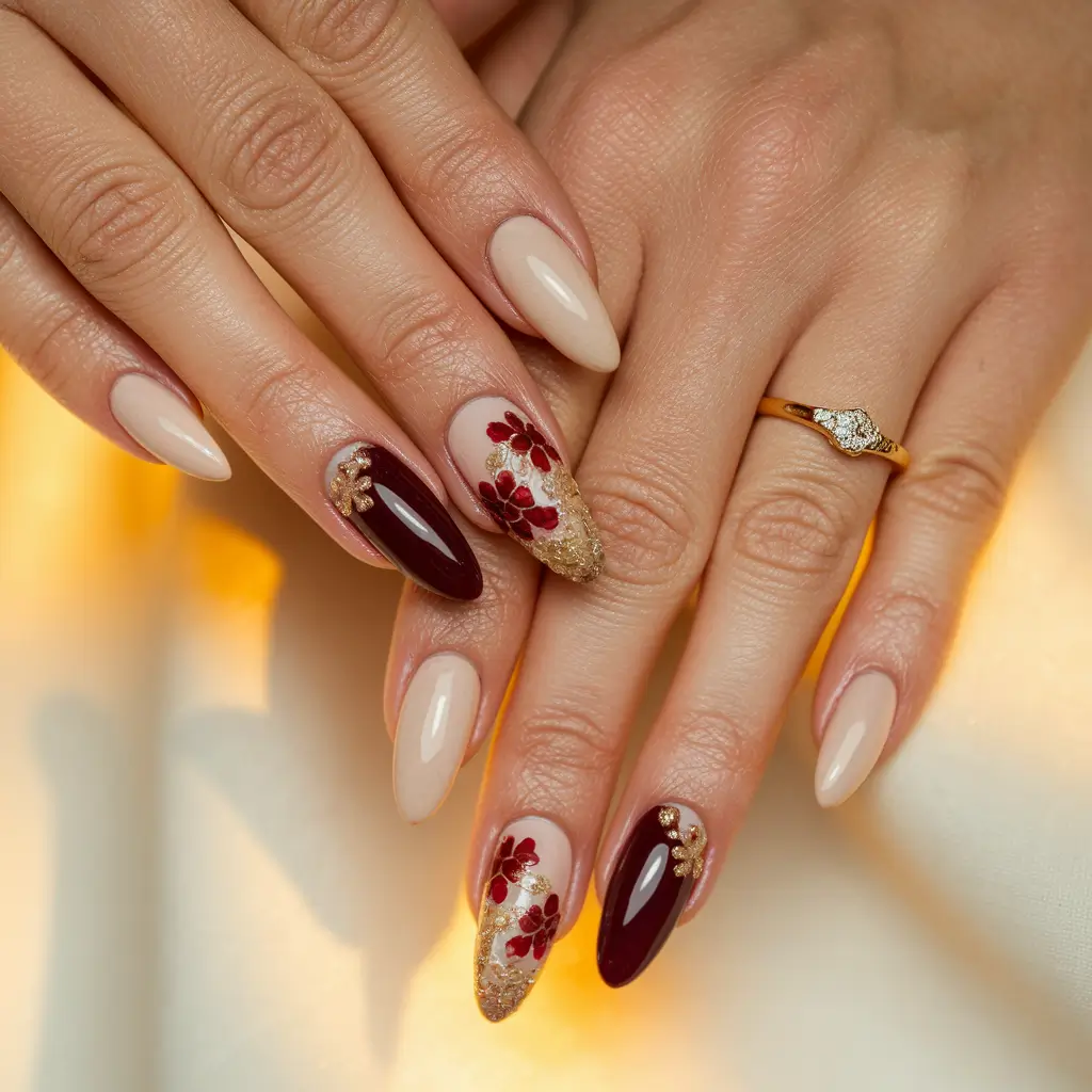 3d flower nail art fall Crimson Blooms with Gilded Texture