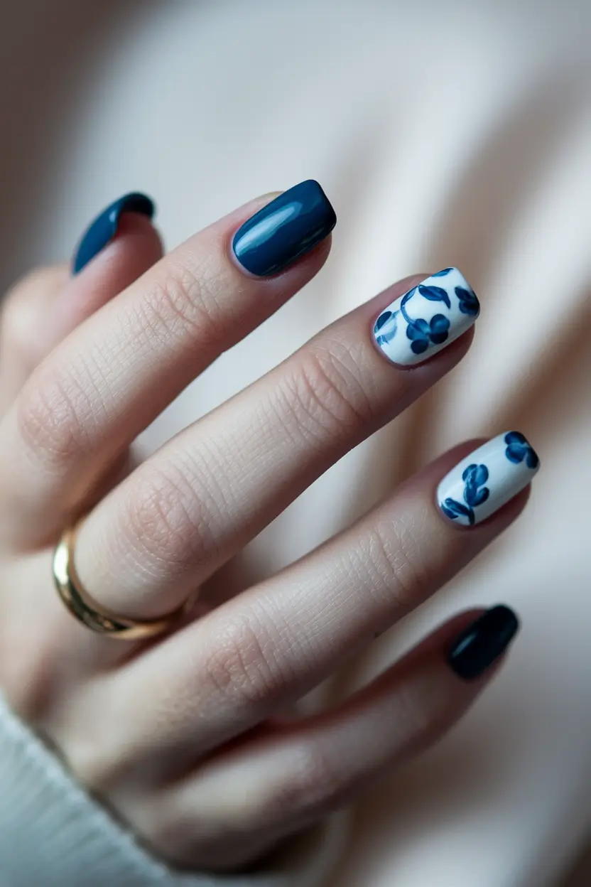 Trendy Cute and Fun Fall Nails 2025 Midnight Blooms in Blue