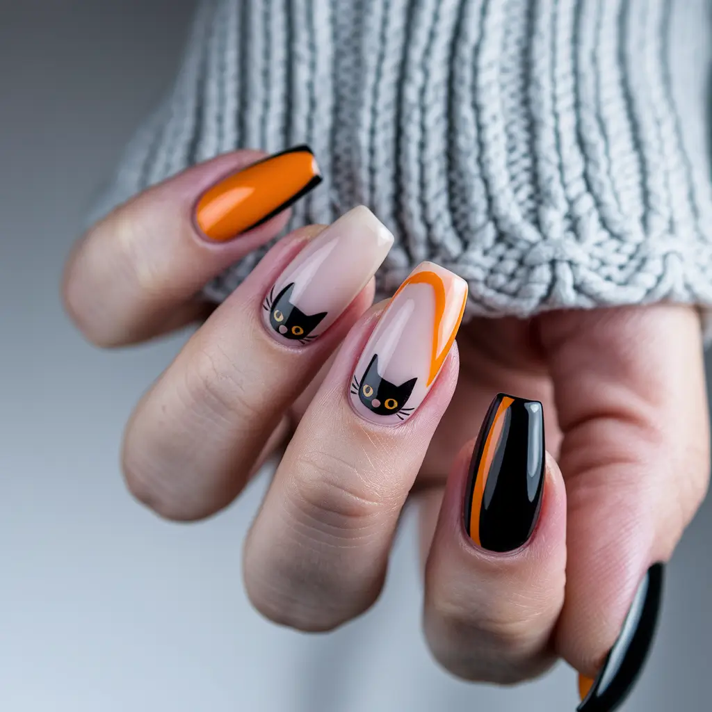 Trendy Cute and Fun Fall Nails 2025 Black Cat Charm
