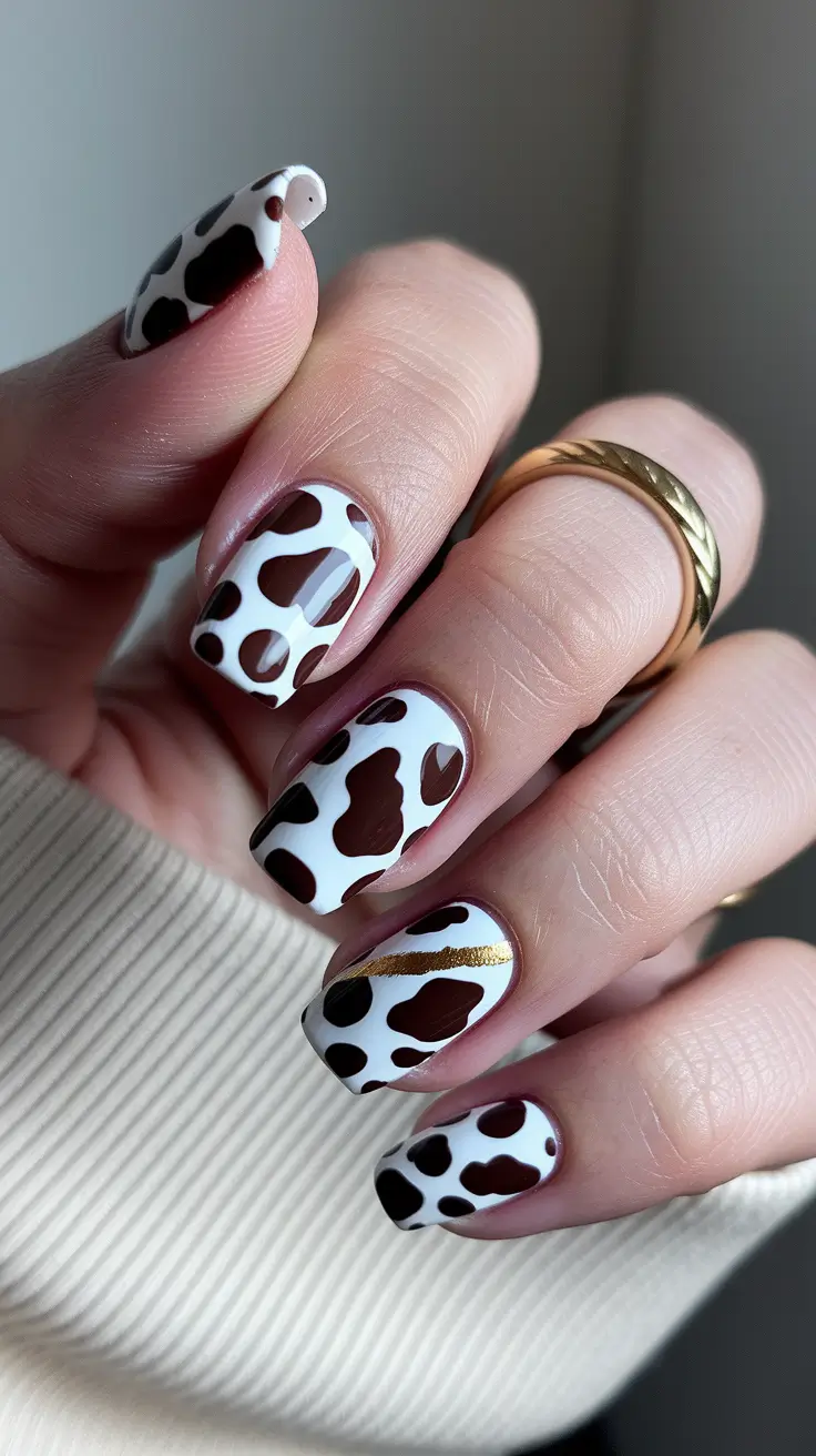 Trendy Cute and Fun Fall Nails 2025 Cow Print Cozy