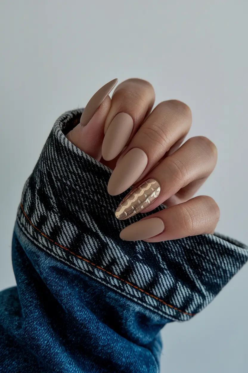 fall matte nails 2025 beige with gold accent almond