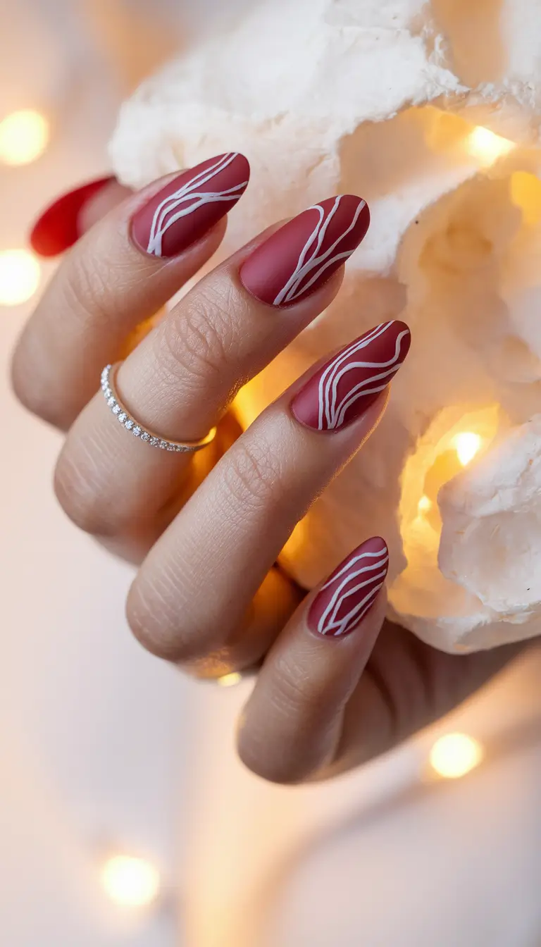 fall matte nails 2025 red with white lines